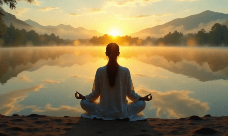 Meditator at sunrise finding peace after emotional turmoil, symbol of transformation through meditation.